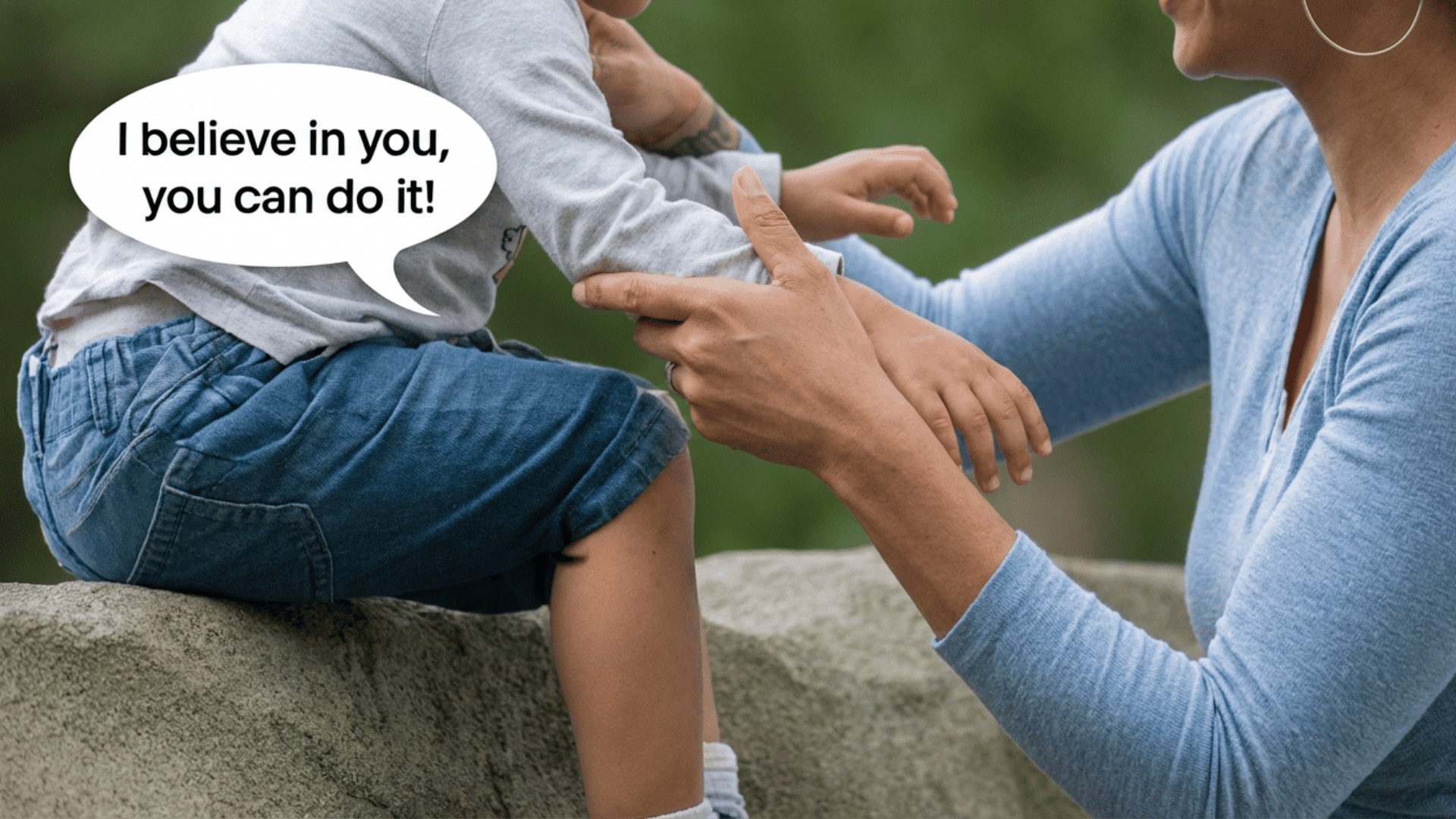 a child sitting on a stone with an encouraging message bubble I believe in you, you can do it!