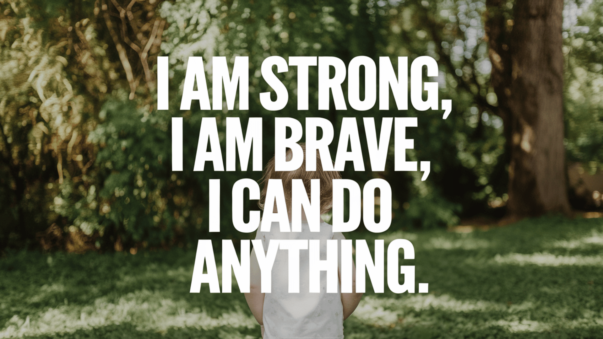 a child standing in a green field with the empowering text I am strong, I am brave, I can do anything.