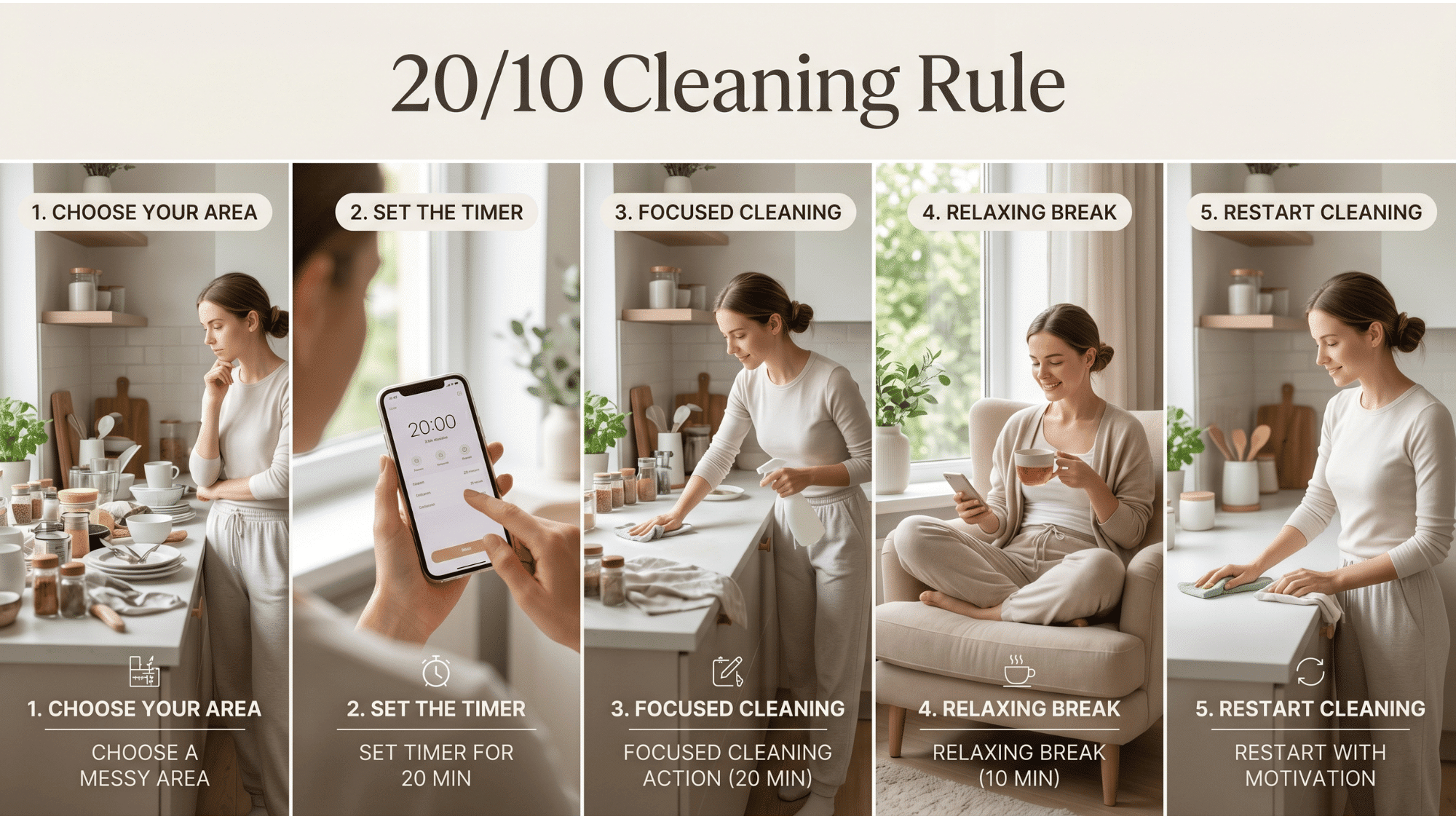 a clean collage showing the “2010 cleaning rule” in 5 steps