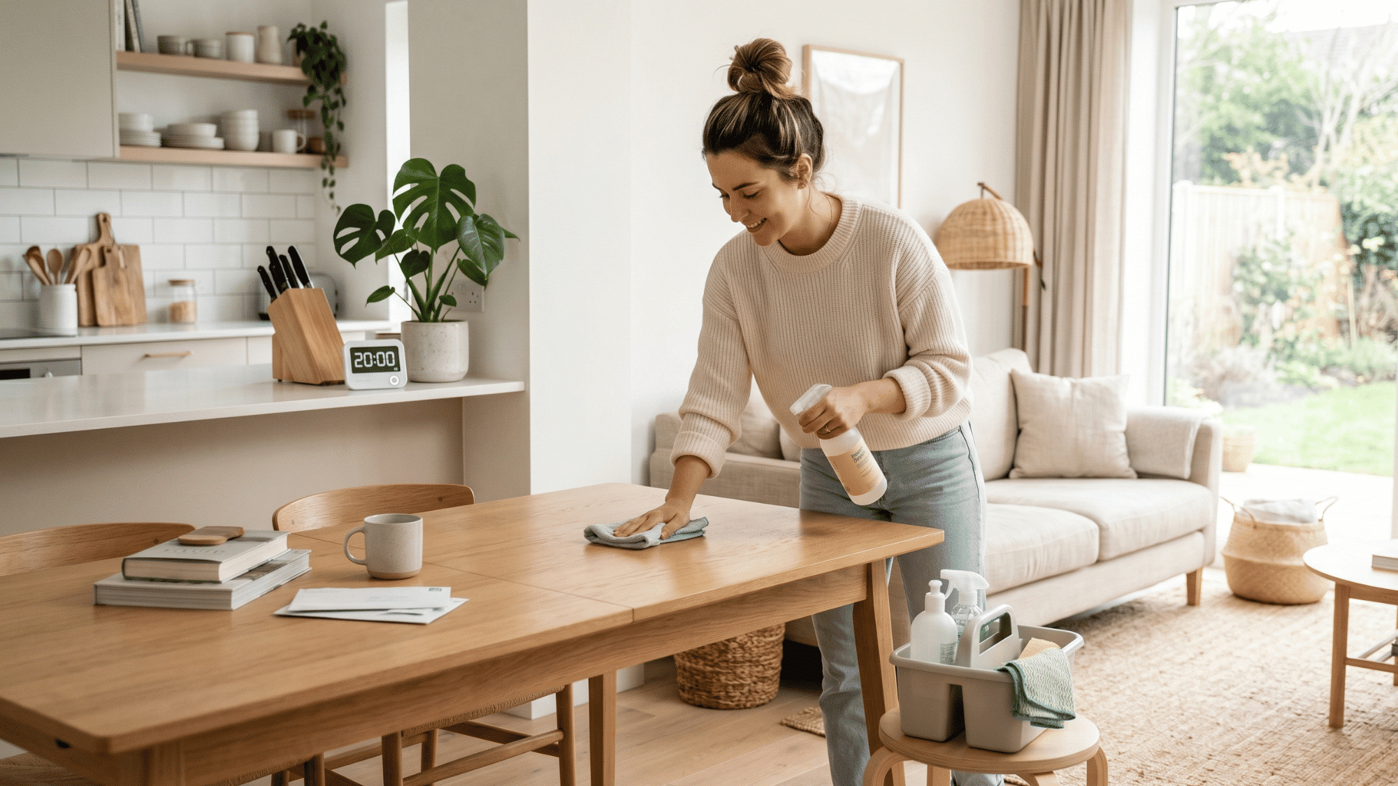 a clean, cozy home interior with a person actively cleaning