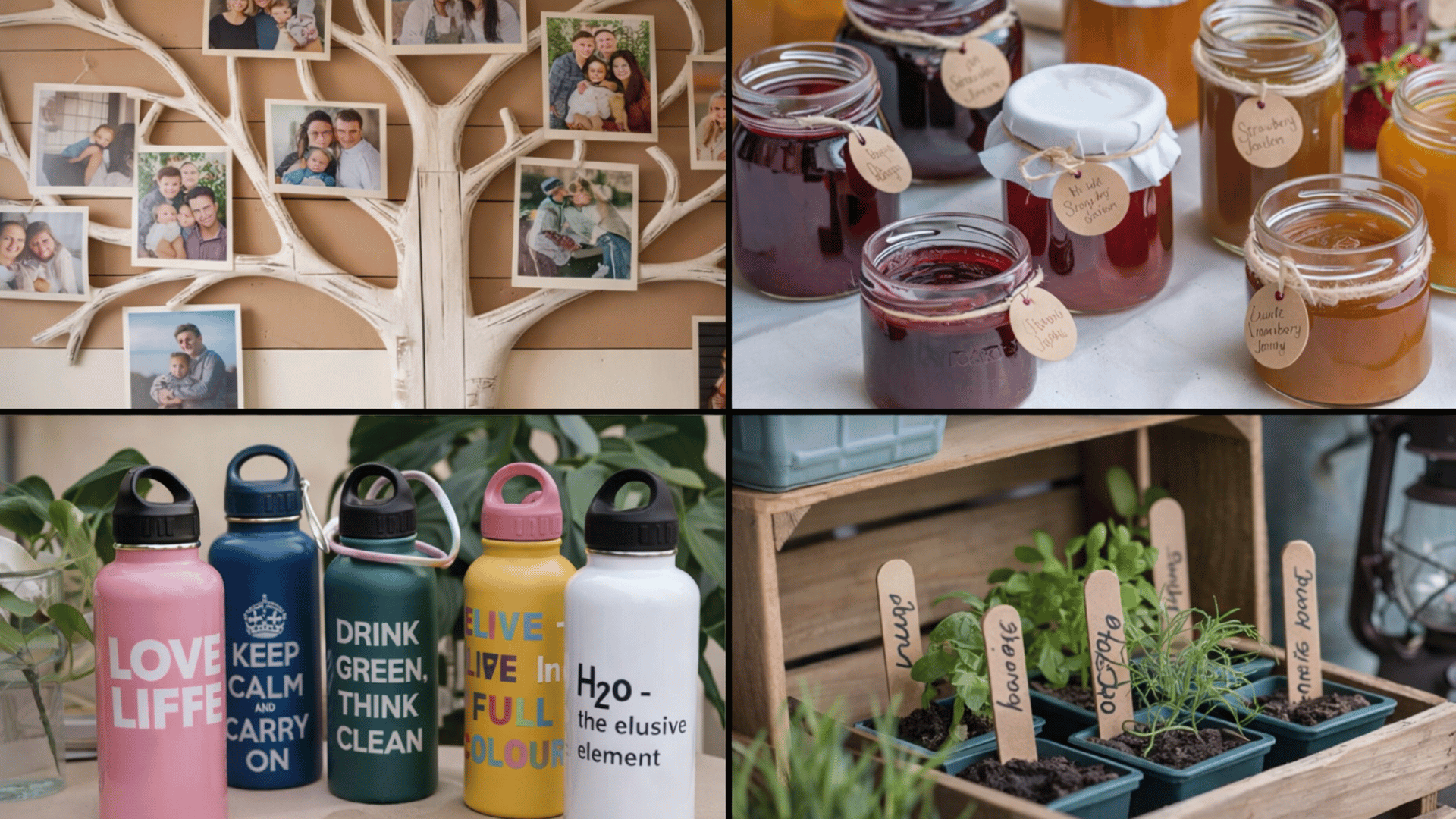 a collage featuring a family tree photo display, homemade jam jars, colorful water bottles, and a DIY herb garden.