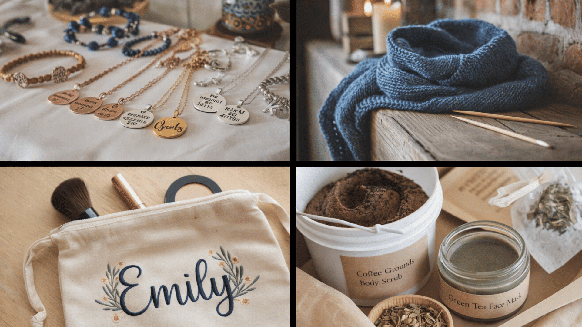 a collage featuring custom jewelry, a knitted scarf, a personalized makeup bag, and self-care products.