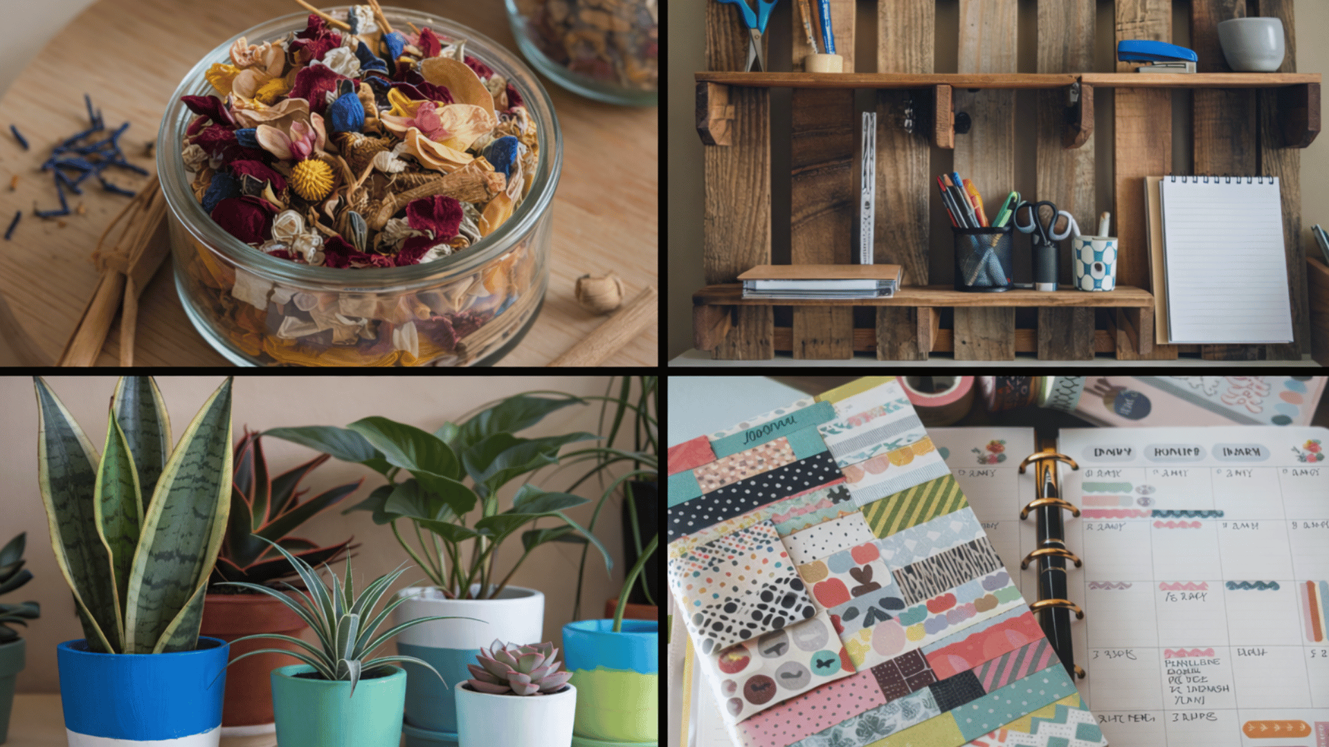a collage featuring dried flowers, a desk organizer, potted plants, and a decorated planner.