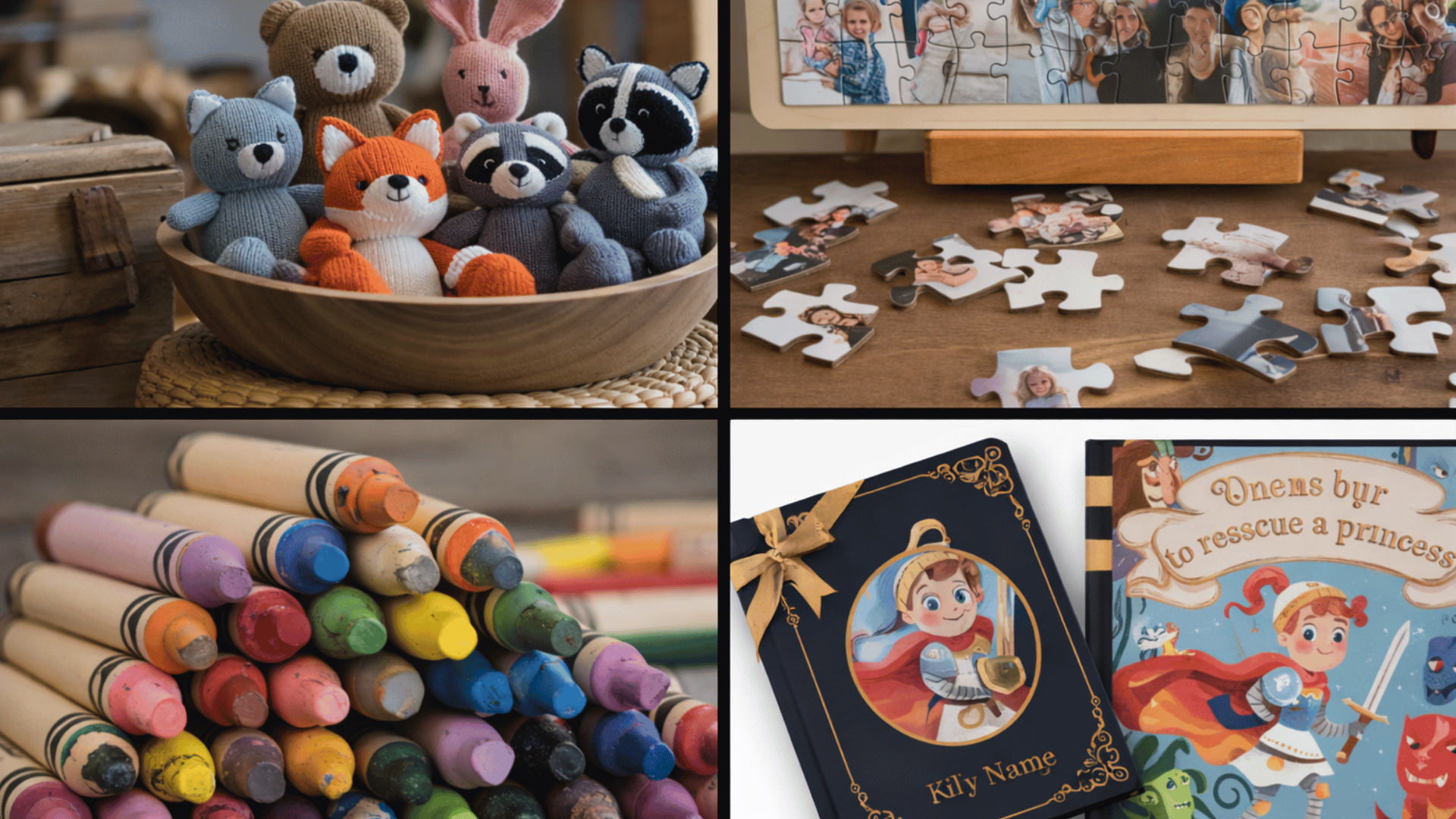 a collage featuring knitted animals, a family puzzle, colorful crayons, and personalized children's books.