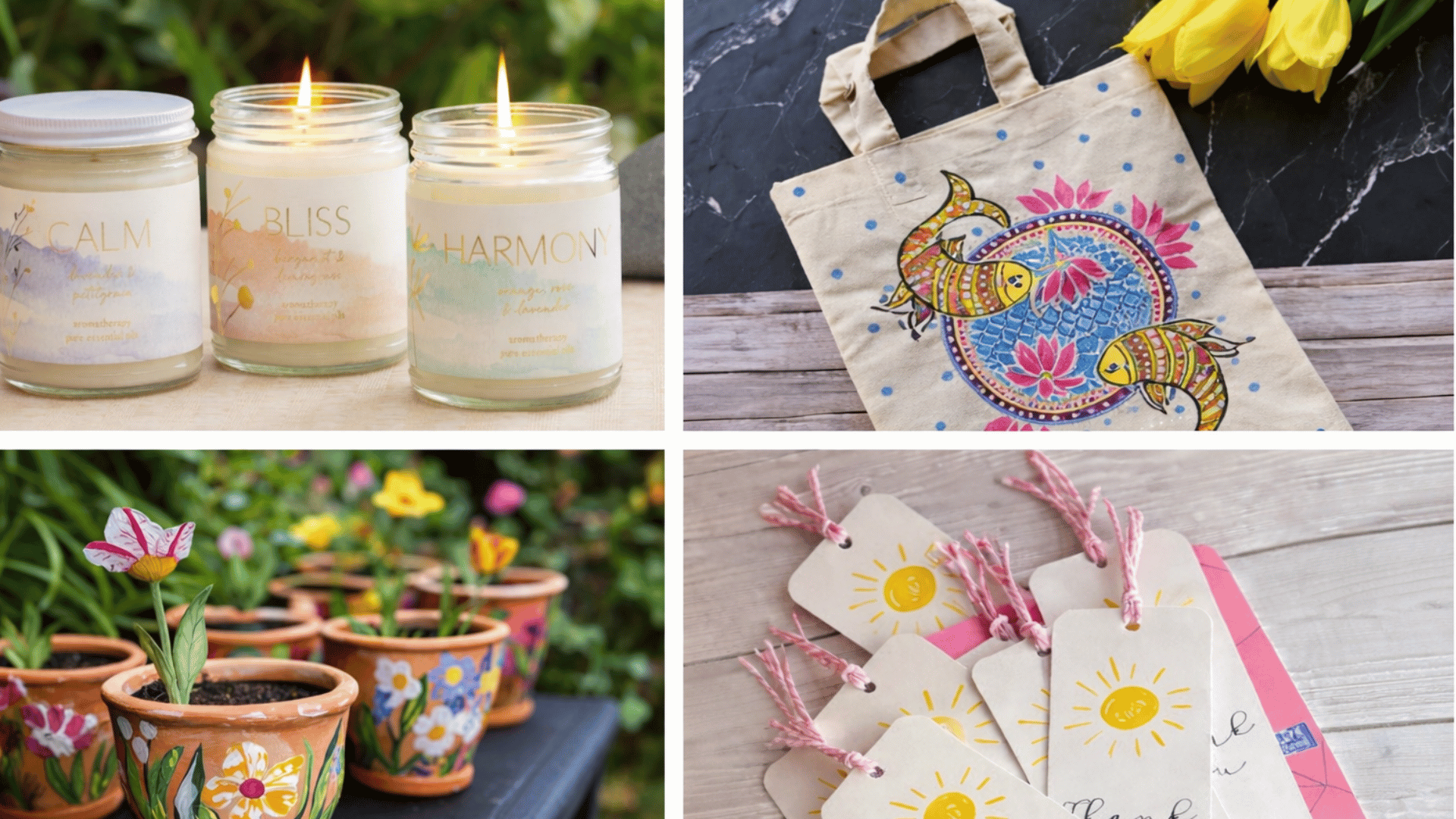 a collage of handmade gifts candles, tote bag, painted flower pots, and personalized bookmarks.