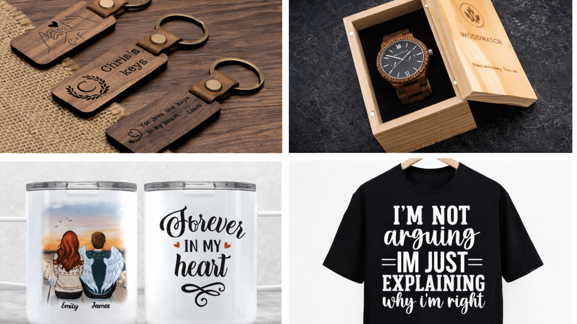 a collage of personalized gifts wooden keychains, custom mugs, wooden watch, and a humorous T-shirt.