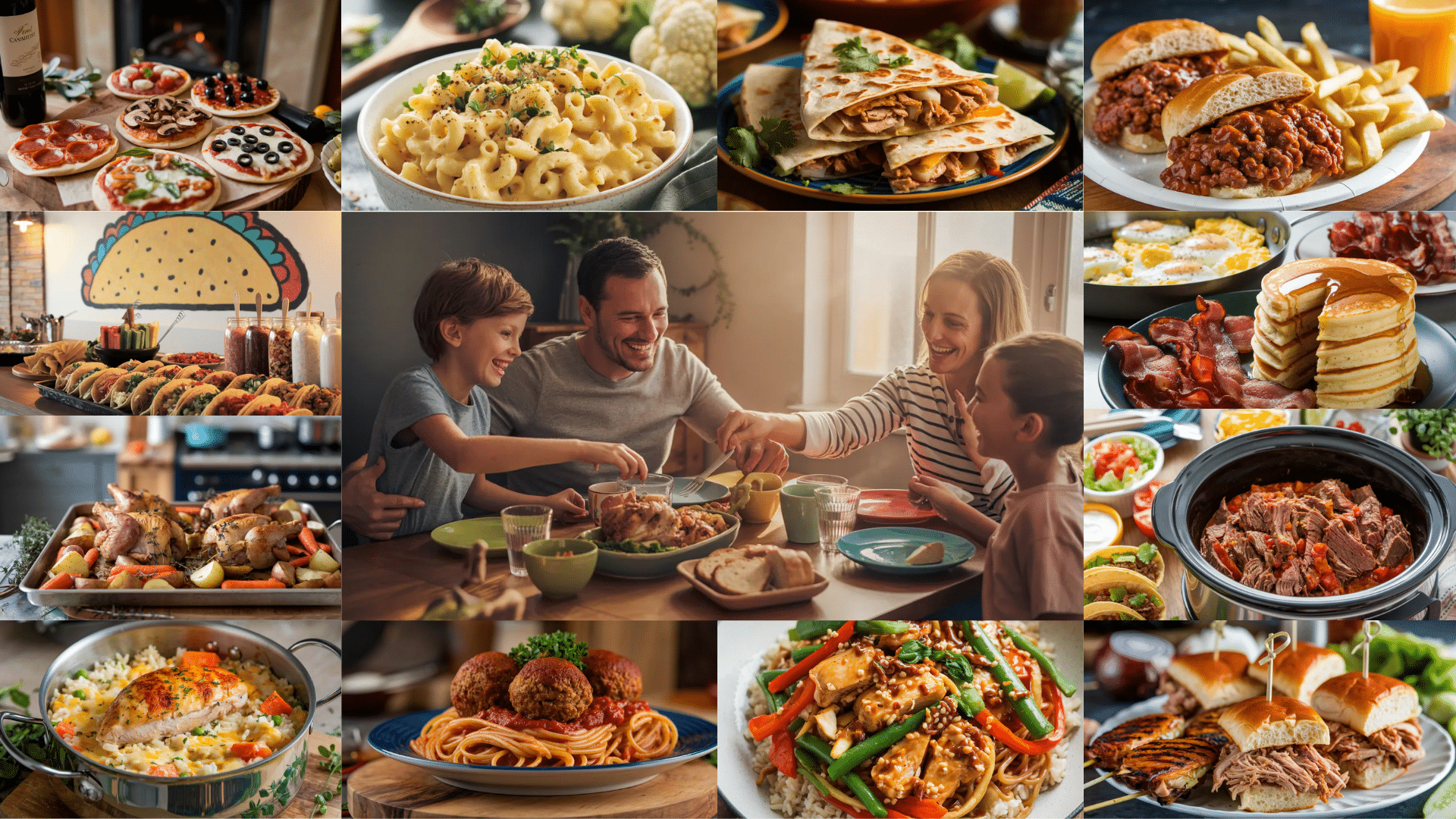 a collage of various home cooked meals including pasta tacos sandwiches breakfast dishes and family dinner moments centered around a happy family eating together