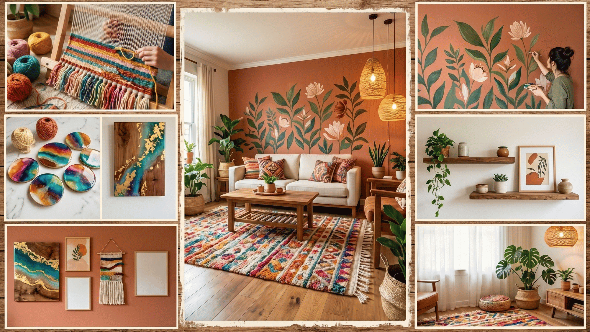 a colllage of handmade Rugs, wall murals, raisin art in living room, wooden decor, pendant llights, accent walls represnting diy home decor ideas