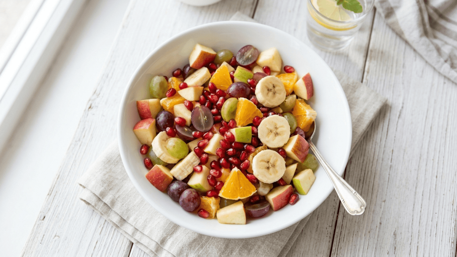 a colorful bowl of mixed fresh cut small fruits including apples, bananas, grapes, oranges