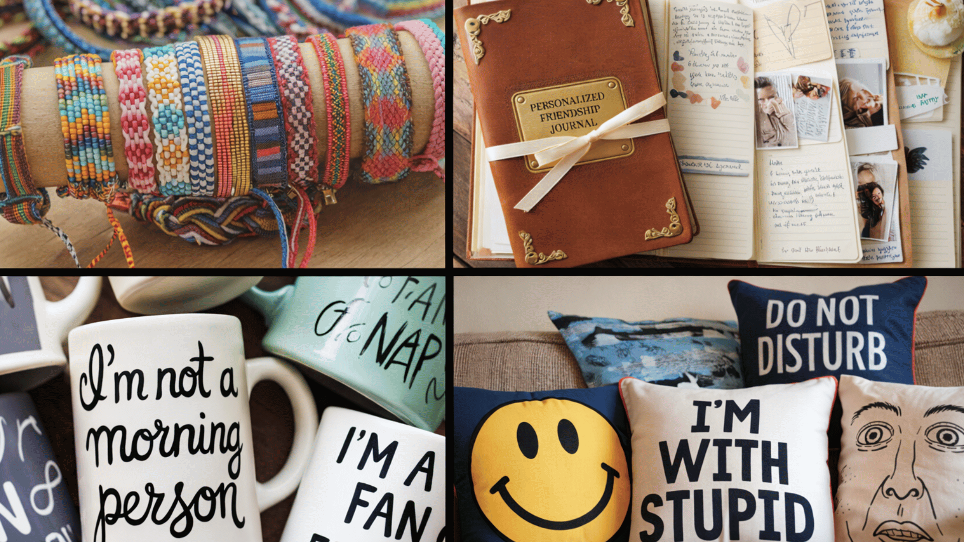 a colorful collage featuring friendship bracelets, a journal, mugs, and pillows.