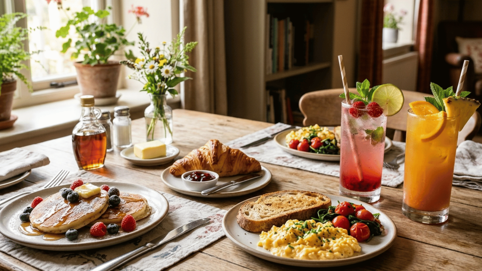 a cozy mothers day brunch table with pancakes, scrambled eggs, croissant, fresh drinks, and flowers by the window