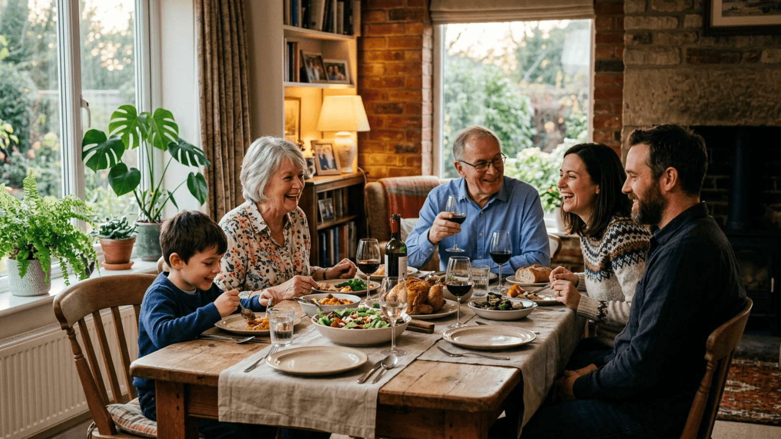 a family of 5 having lunch in the afternoon in a vintage style restaurant, plants nearby, and a soft warm lantern