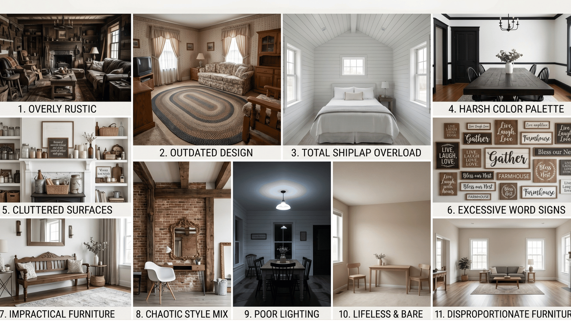 a grid collage showing eleven different farmhouse decor mistakes