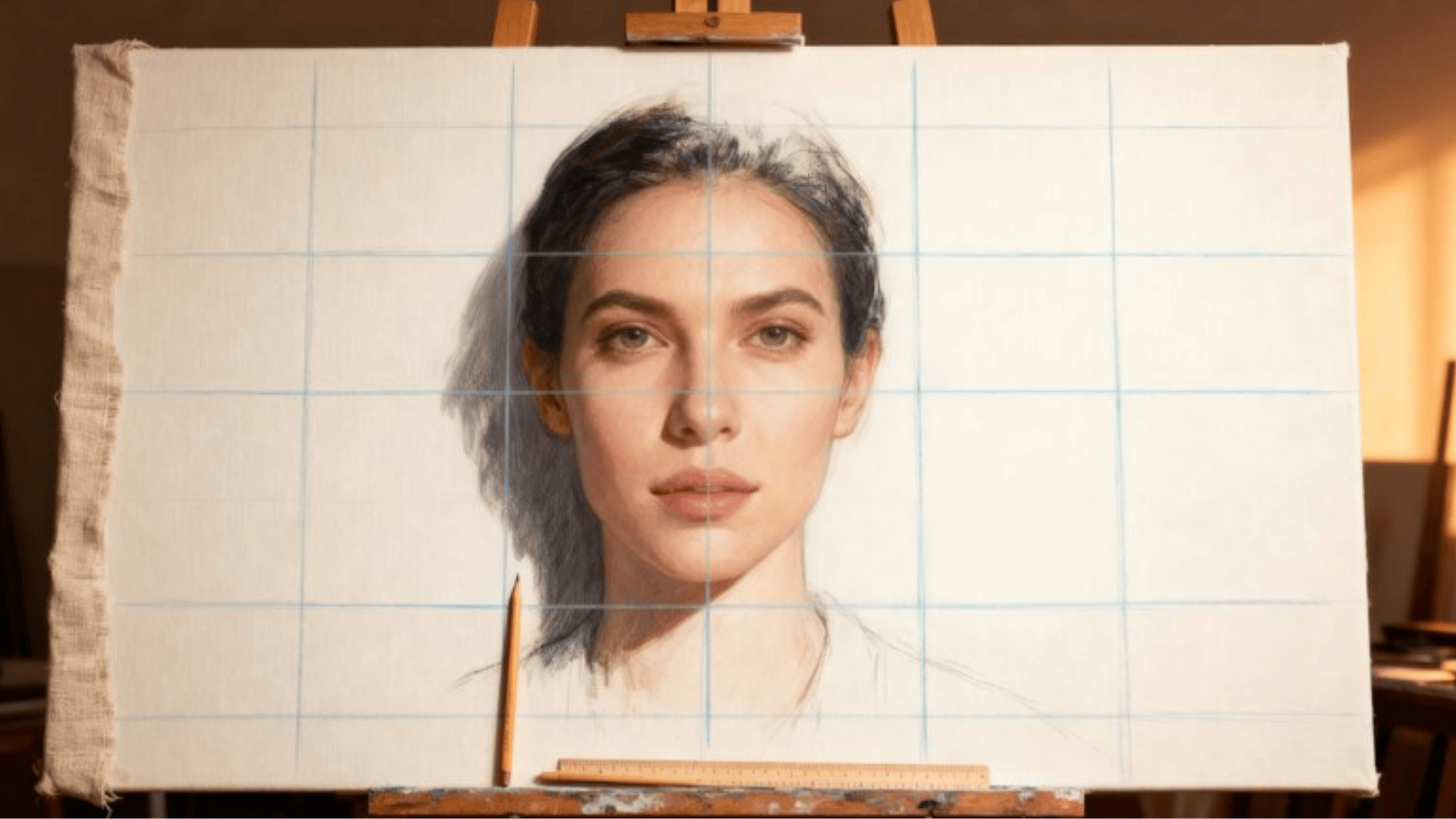 a large canvas on an easel with a detailed grid system drawn over it in light blue pencil lines, a half-finished realistic portrait emerging through the grid squares