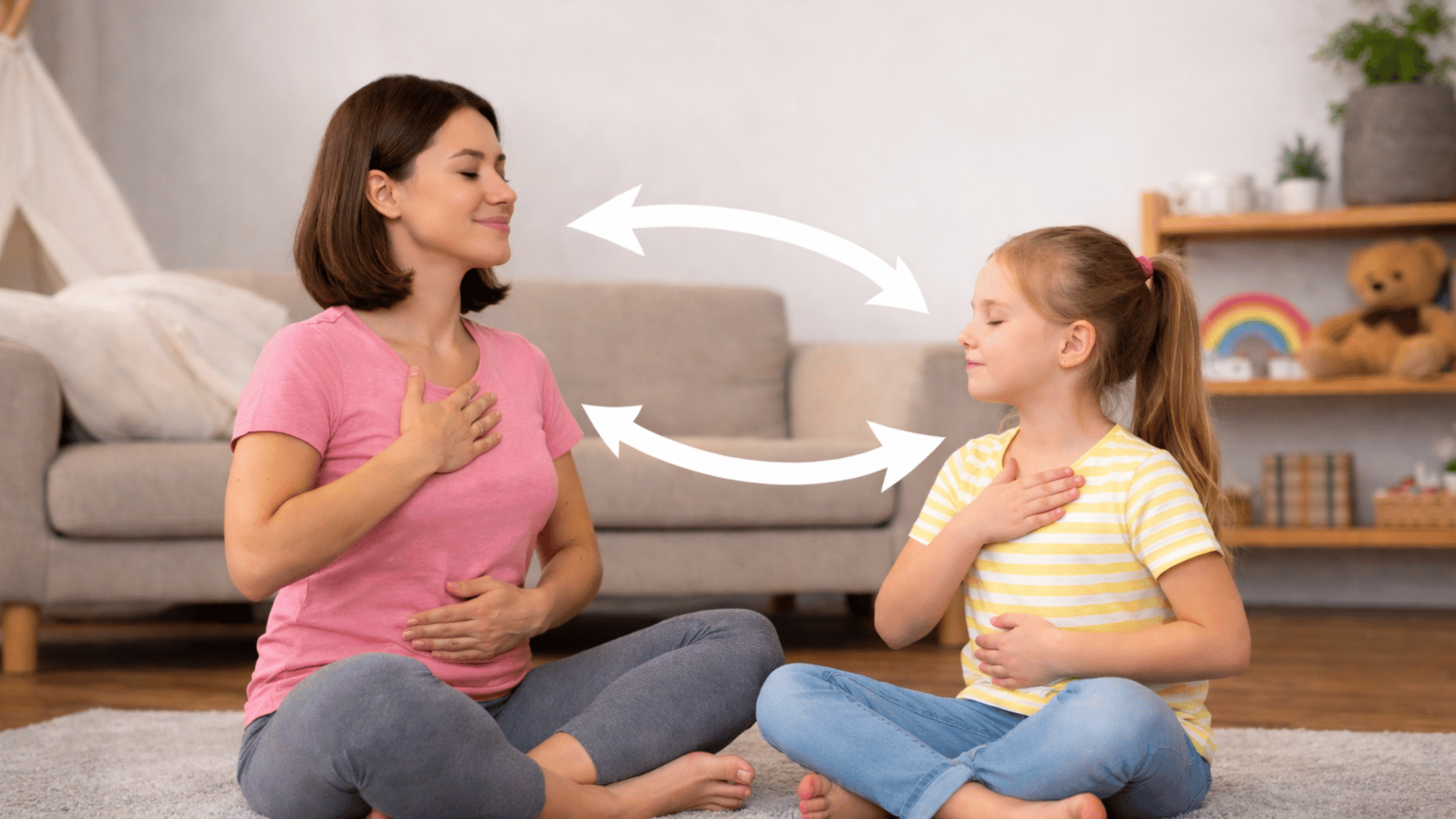 a mother and daughter practice synchronized breathing on a rug with arrows showing their connection
