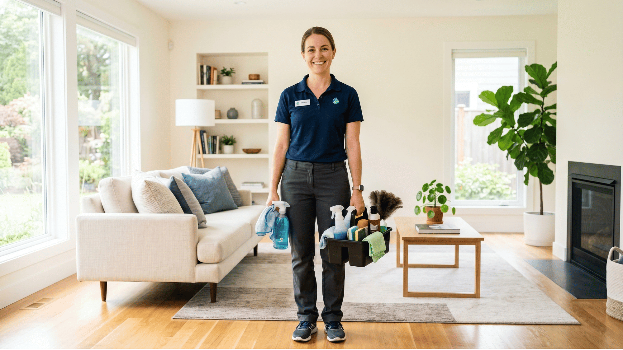 a professional house cleaner in a modern home