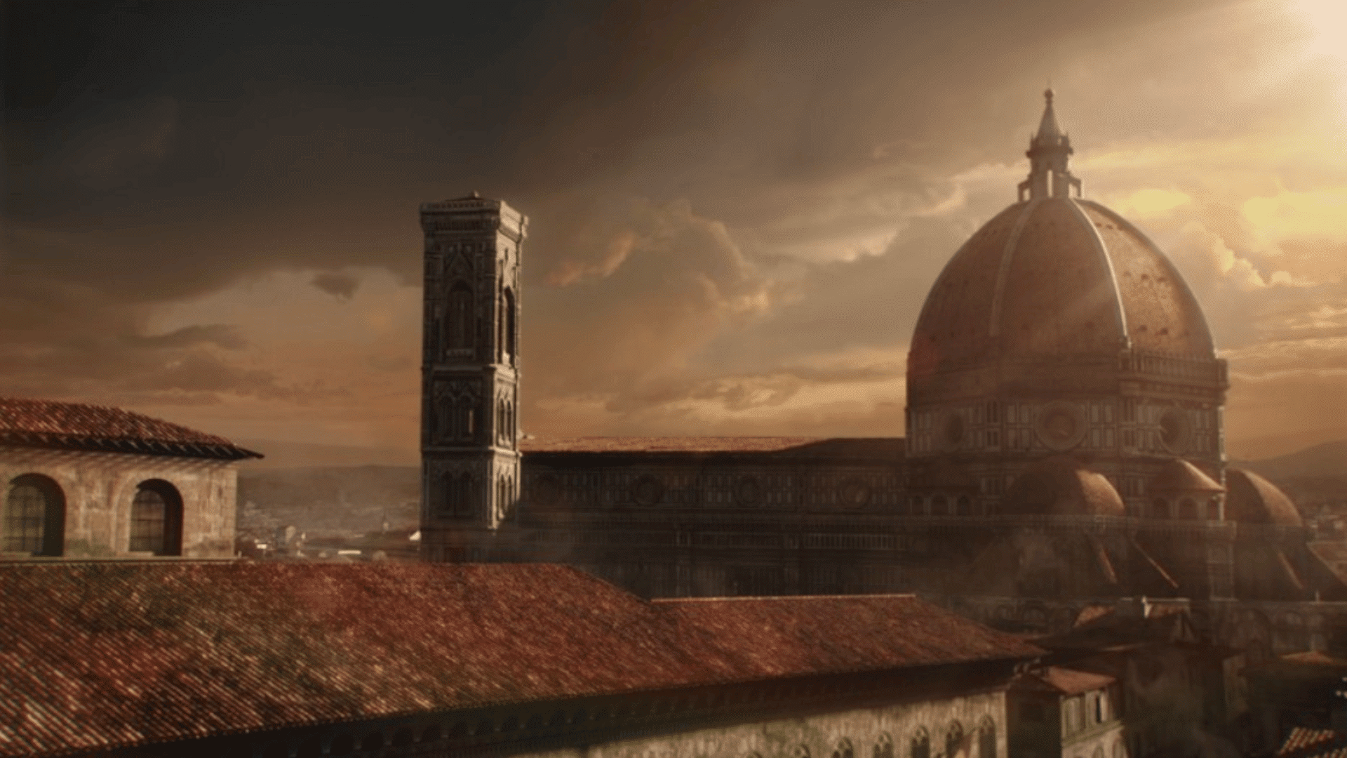 a scenic view of the Florence skyline with the iconic dome and bell tower at sunset.