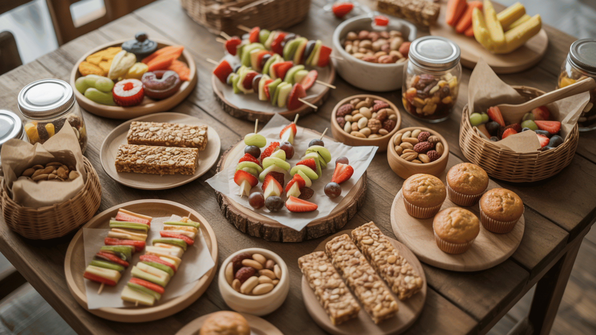 a table full of healthy snacks for kids suitable for different occasions like school or travel.