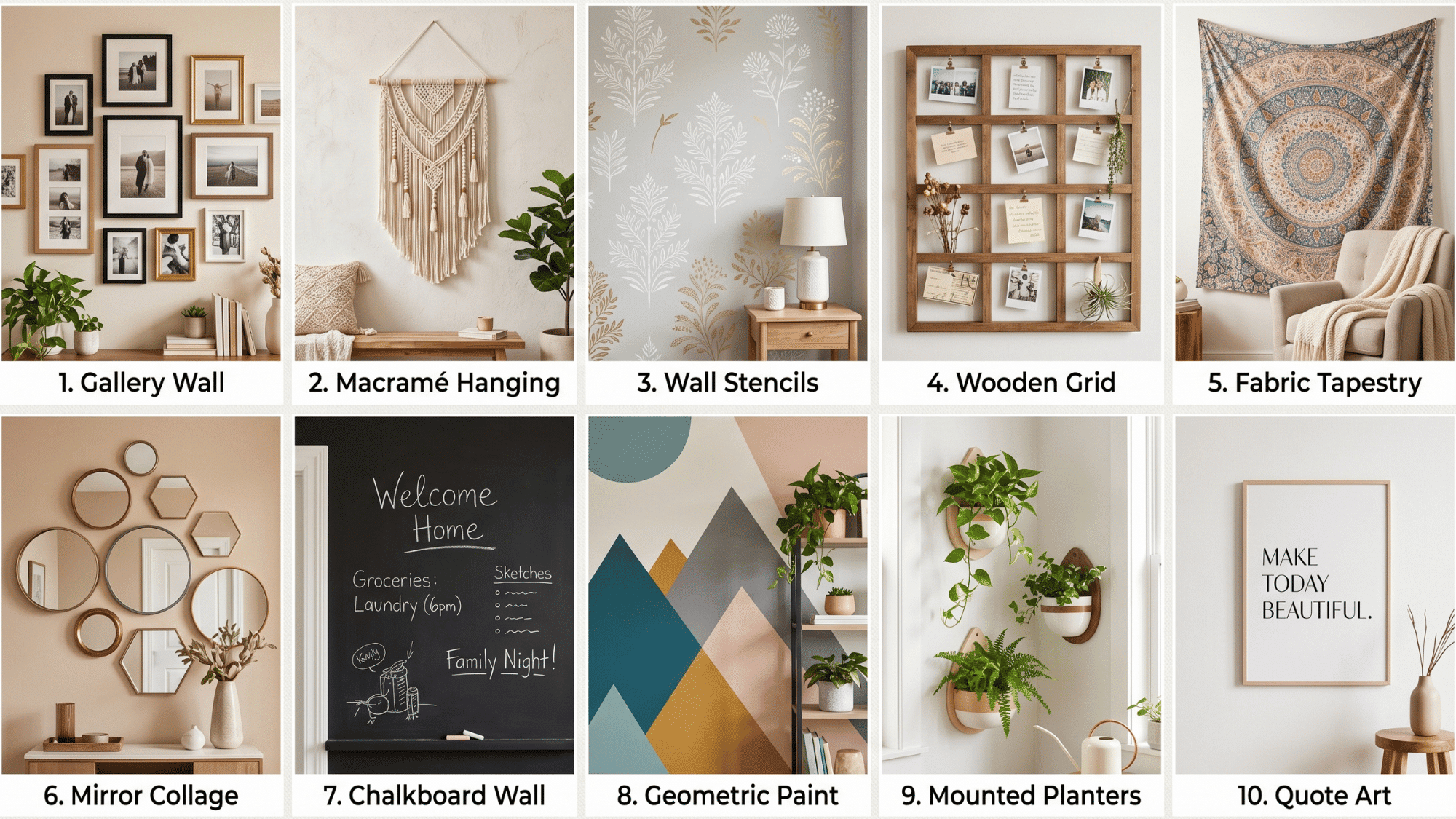 a visually appealing collage in a grid layout showcasing creative diy wall decor ideas