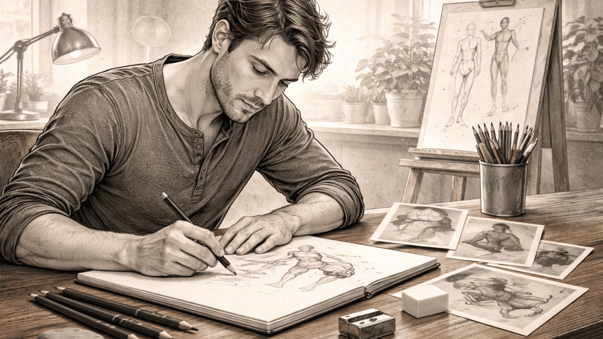 a young artist sketches a figure at a wooden desk, surrounded by tools and reference images.