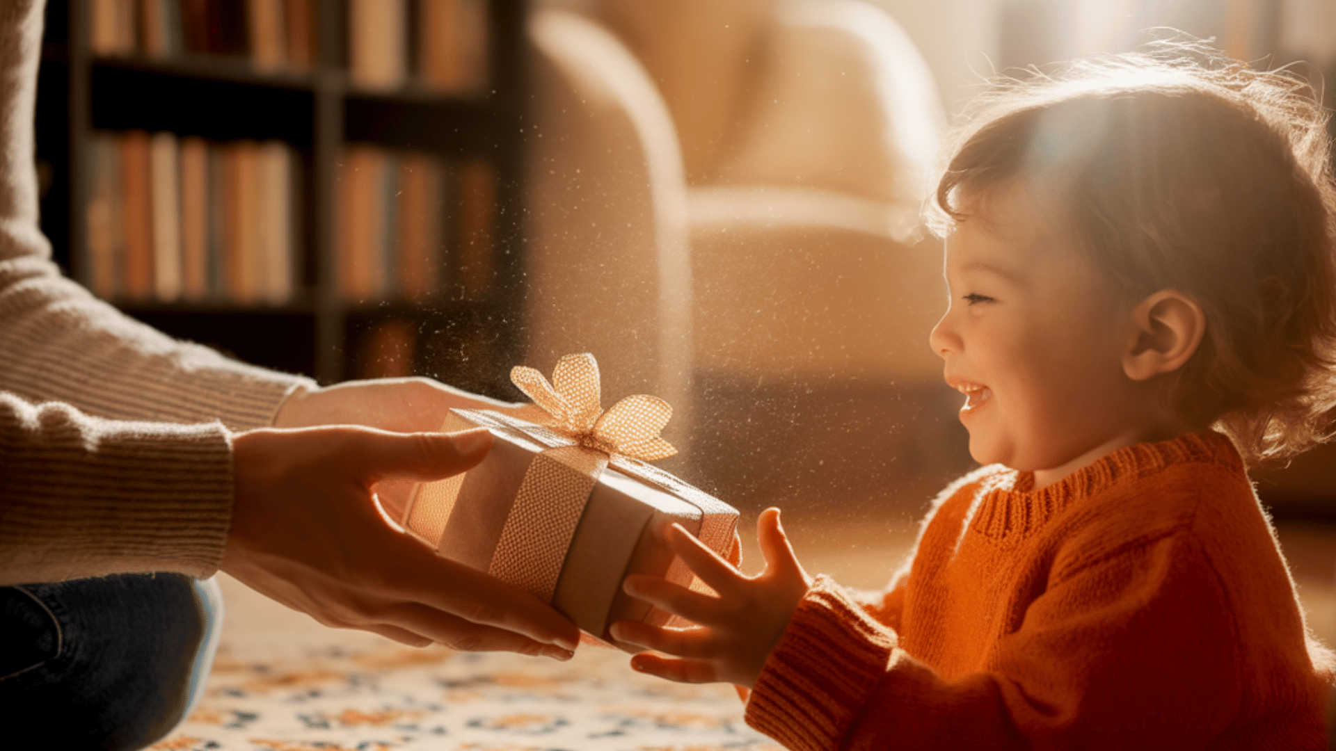 a young child excitedly receiving a gift from an adult with a big smile, in a cozy setting.