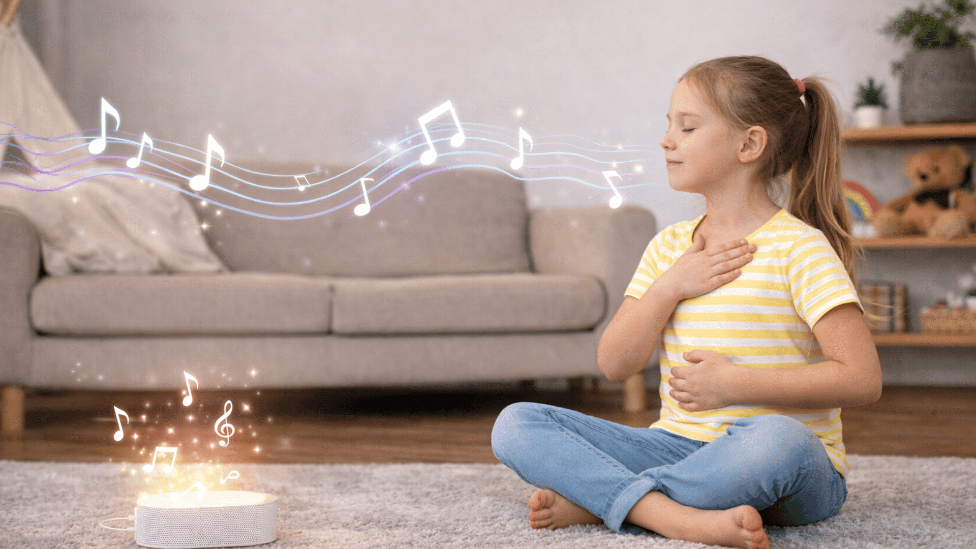 a young girl listens to calming music and practices breathing while sitting on a rug with notes floating around