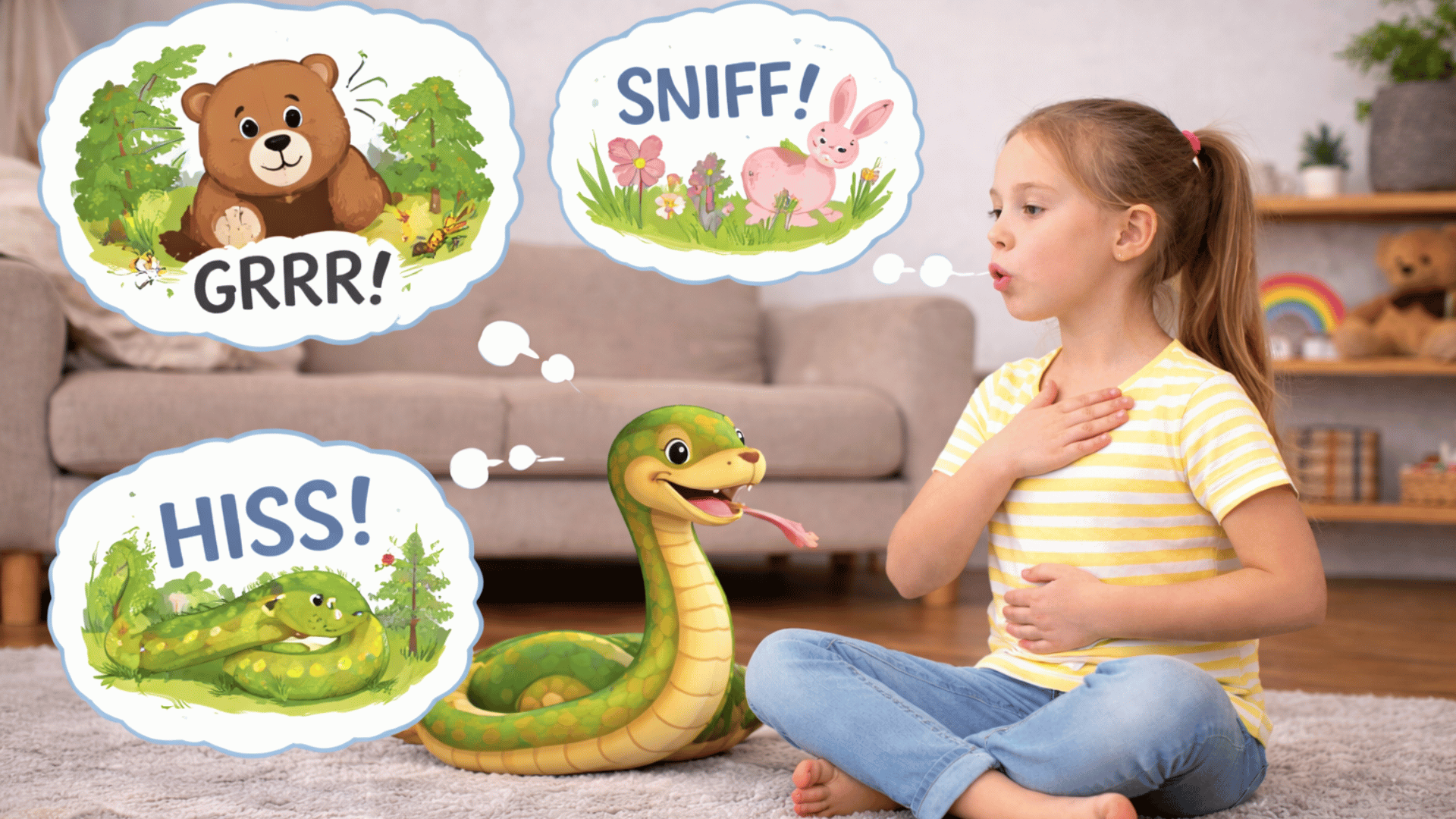 a young girl practices breathing while sitting on a rug with notes floating around