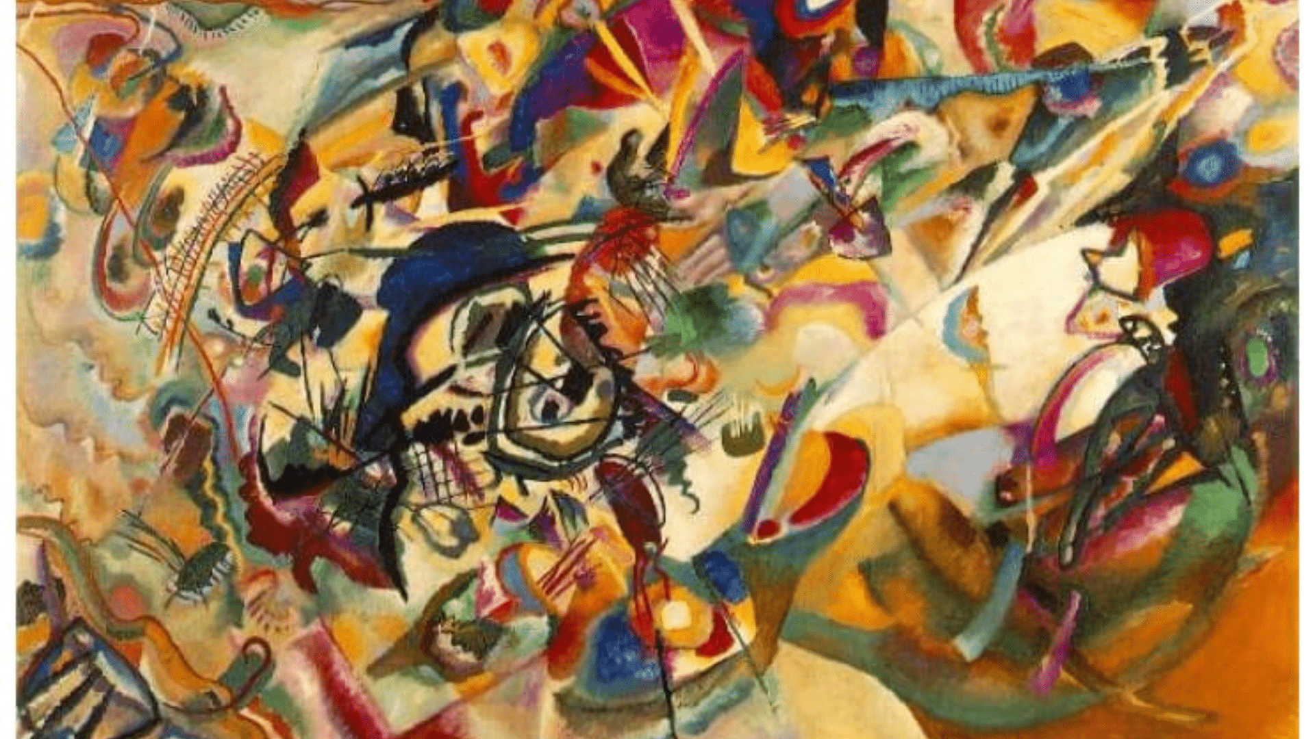 abstract painting composed of shapes, colours, and lines arranged in a non representational composition expressing form and visual balance