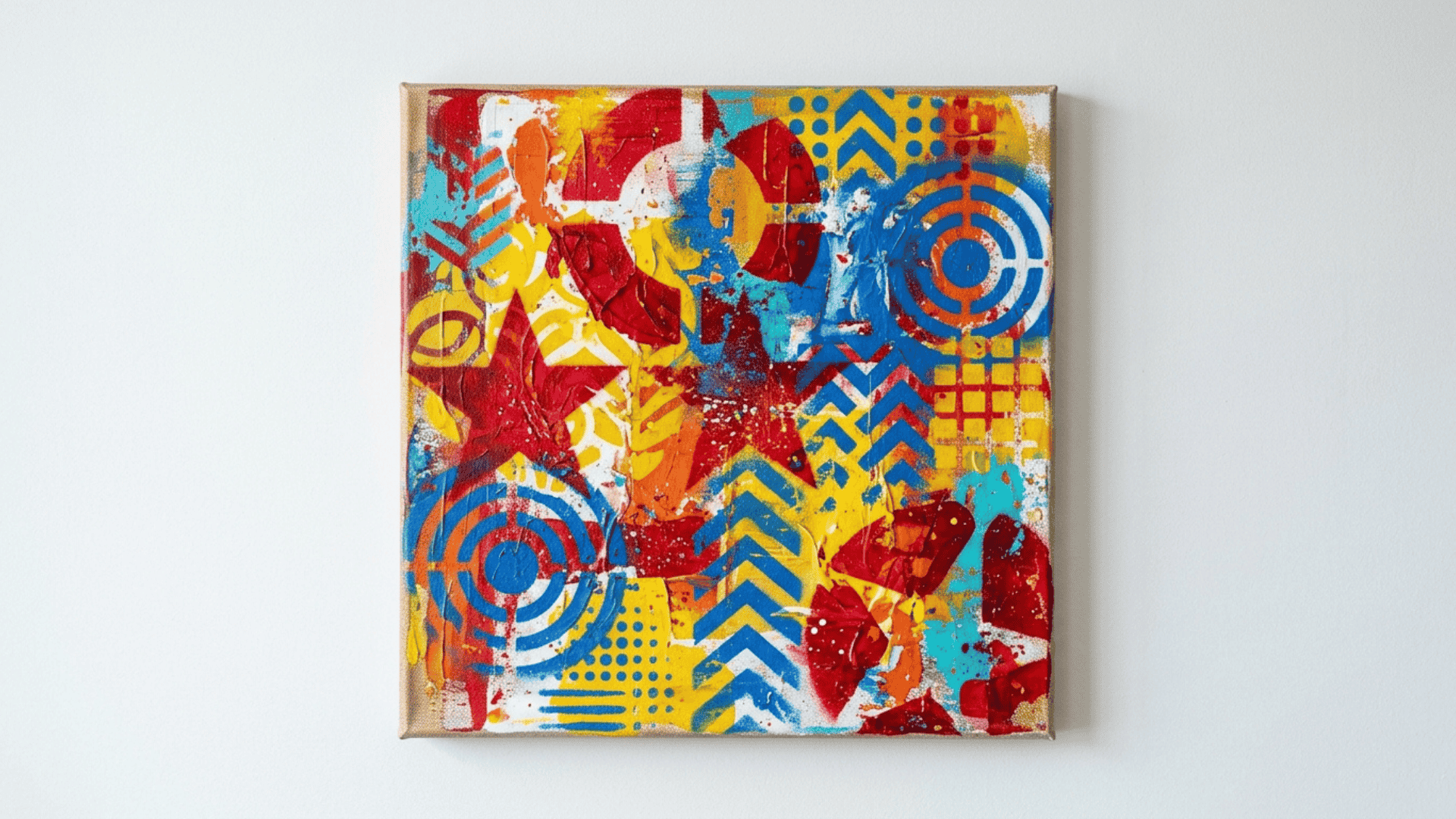 acrylic paint craft canvas with bold stencil patterns layered textures and bright mixed colors on white background