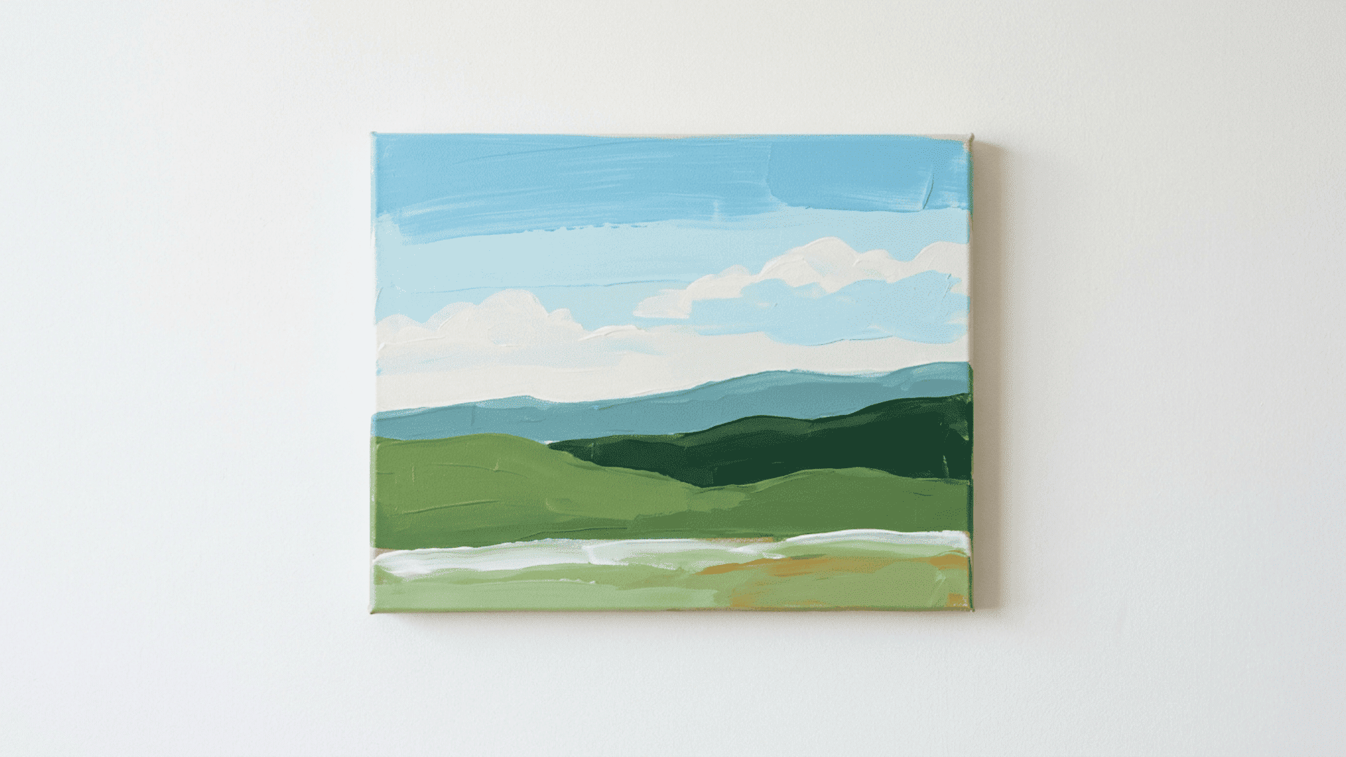 acrylic paint landscape with flat visible color layers in blues greens and whites completed in one session on white background