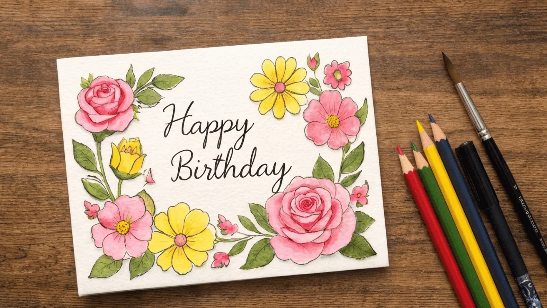 add color to the design and write happy birthday with colored pencils