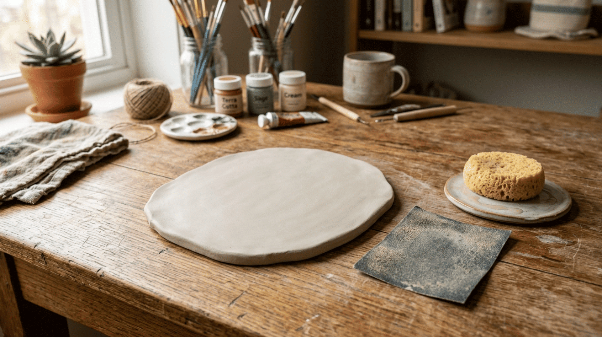 an air dry clay dish, ready for painting, placed next to sandpaper and a damp sponge on a wooden workspace
