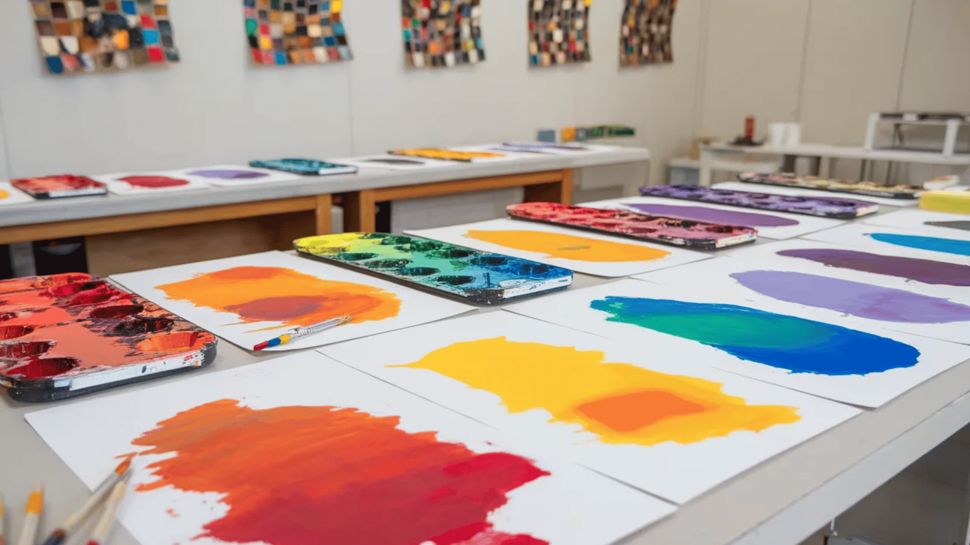 an art studio table covered in colorful paint swatches and palettes