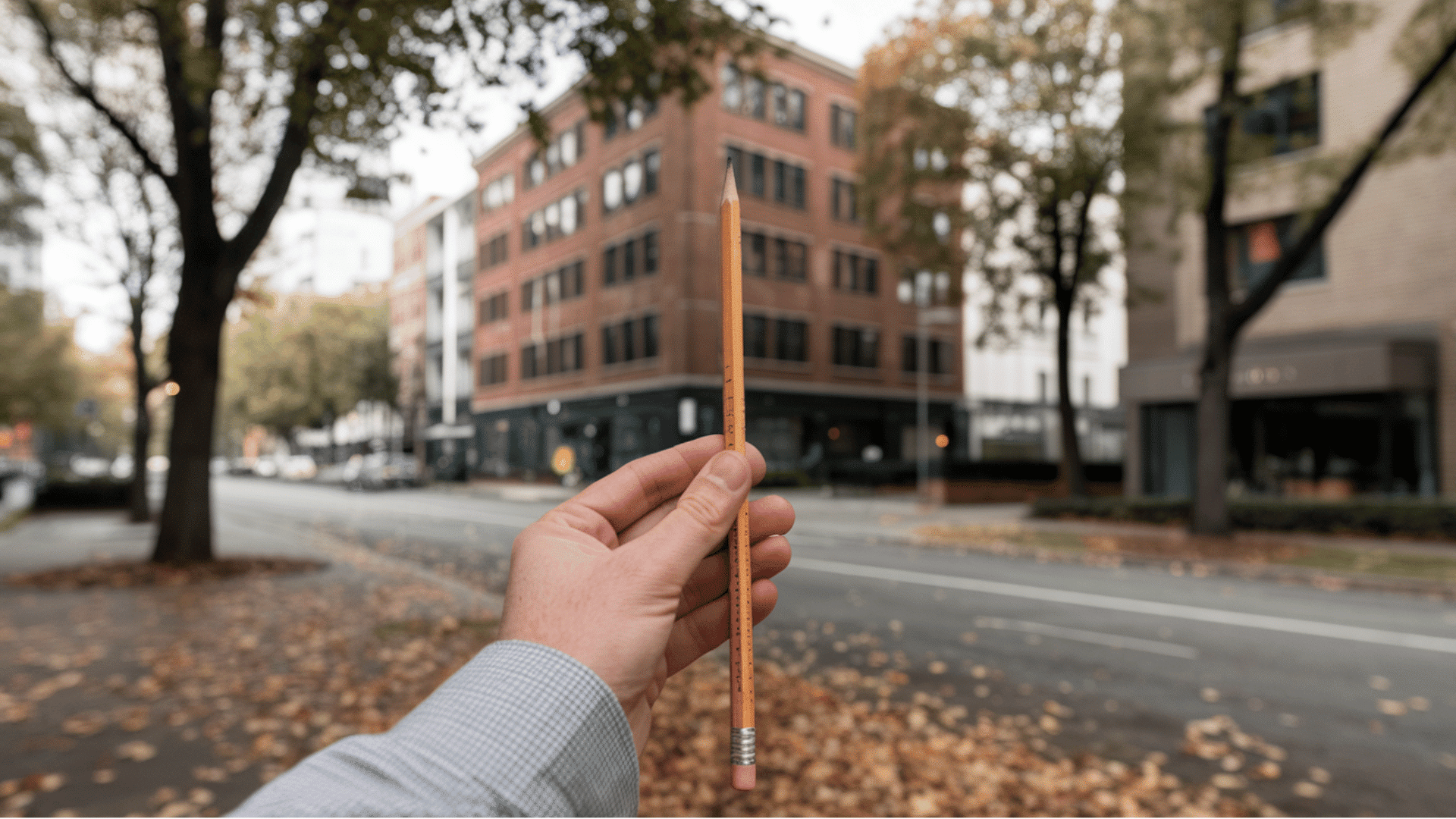 an artist using a pencil to measure proportions of buildings in a cityscape.