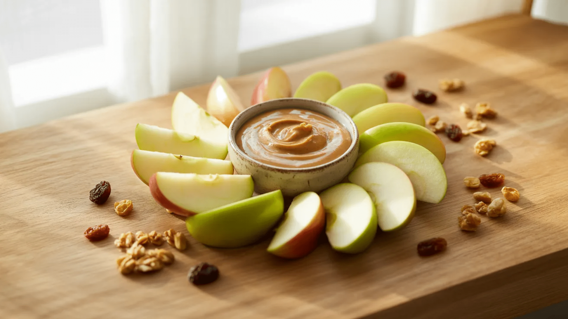 apple slices with peanut butter dip, granola, and raisins