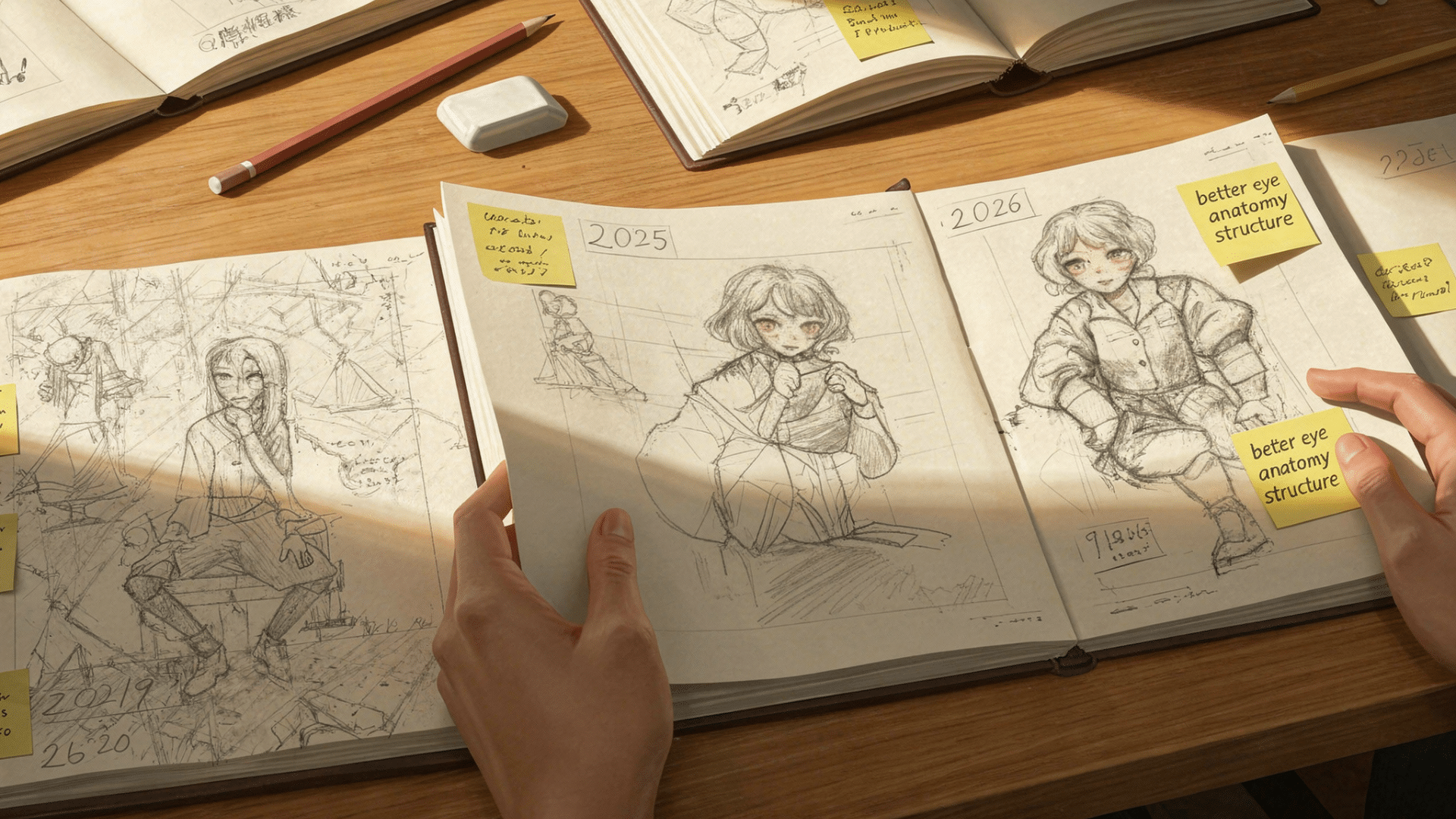 artist comparing older and newer drawings across several sketchbooks on a desk to see improvement over time