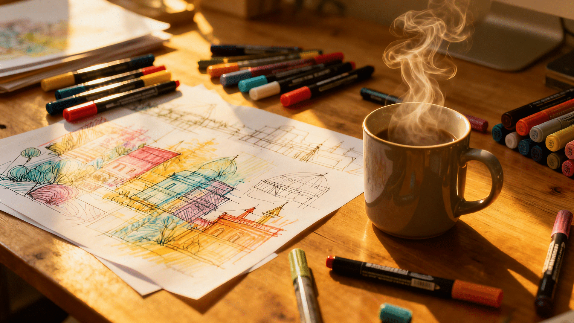 artist desk with colorful architectural sketch on paper, scattered markers, and a steaming coffee mug in warm sunlight creating a cozy creative workspace