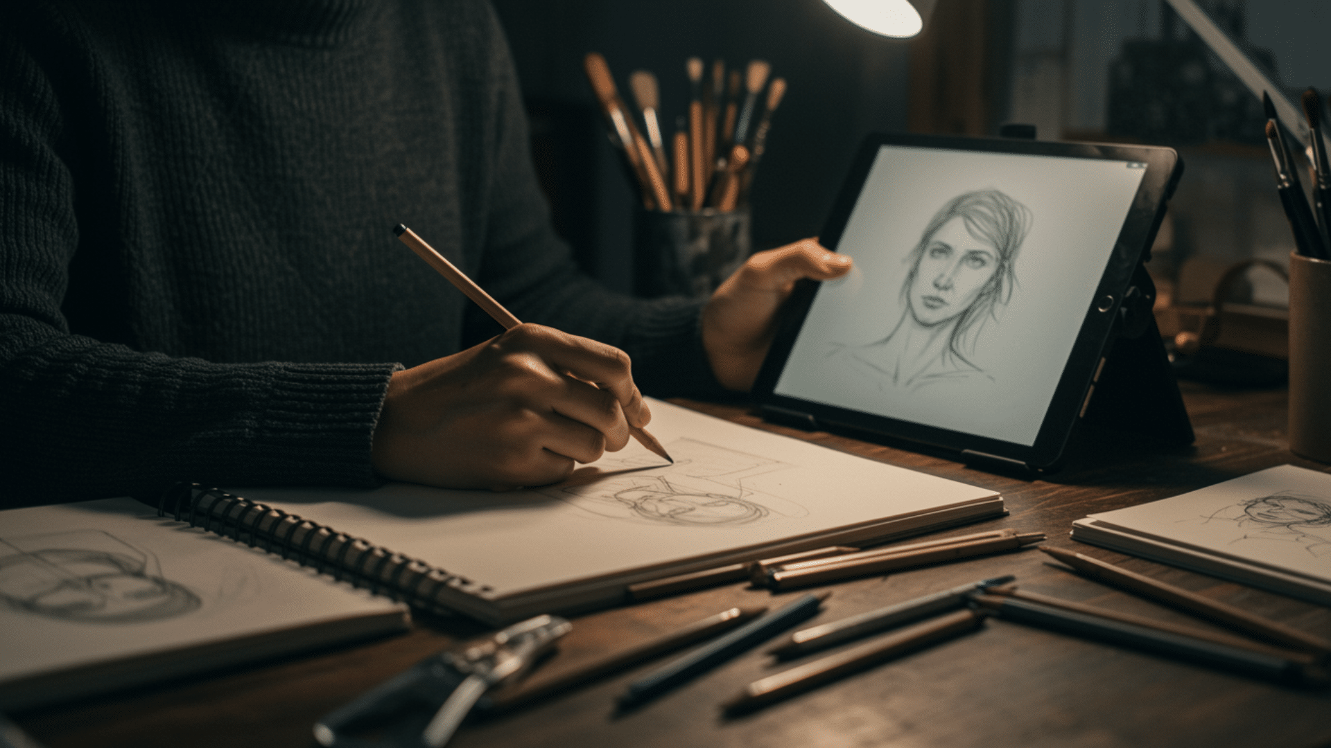 artist drawing in a sketchbook while looking at a reference image on a tablet, practicing observation and accurate proportions
