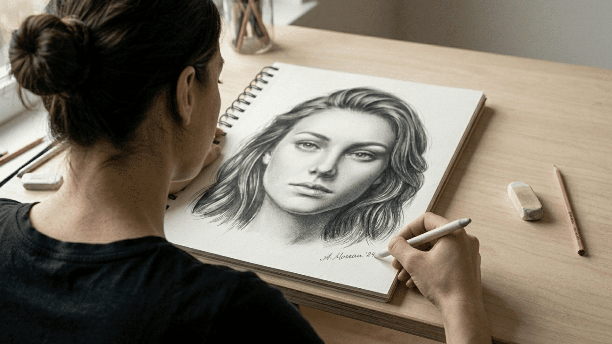 artist finishing realistic portrait sketch in sketchbook at desk