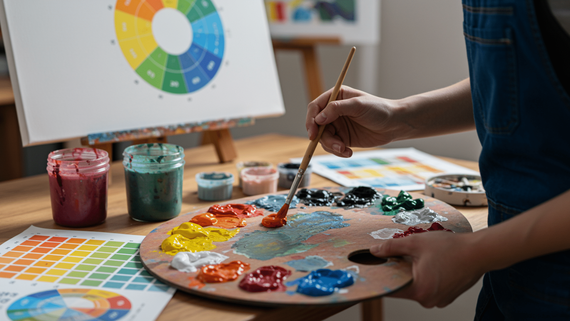 artist mixing limited paint colors on a palette beside a color wheel while testing warm and cool color combinations .