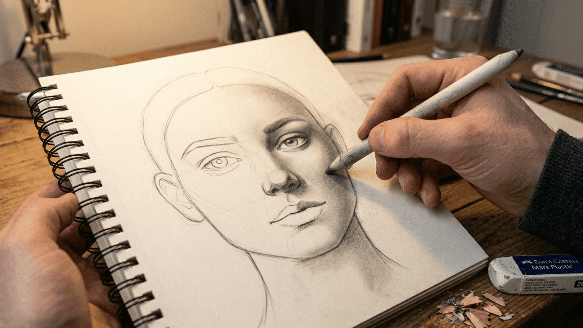 artist refining realistic portrait sketch with pencil and shading techniques