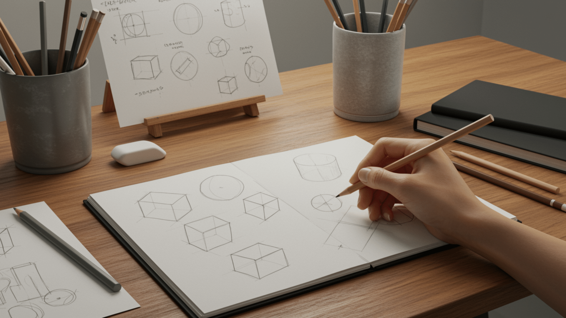 artist sketching basic shapes, anatomy studies, and composition lines in a sketchbook on a desk with pencils and erasers nearby