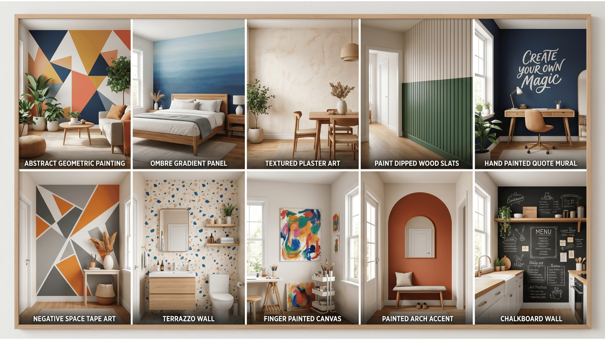 artistic diy wall decor grid collage with painted designs like geometric, ombre, plaster and chalkboard ideas