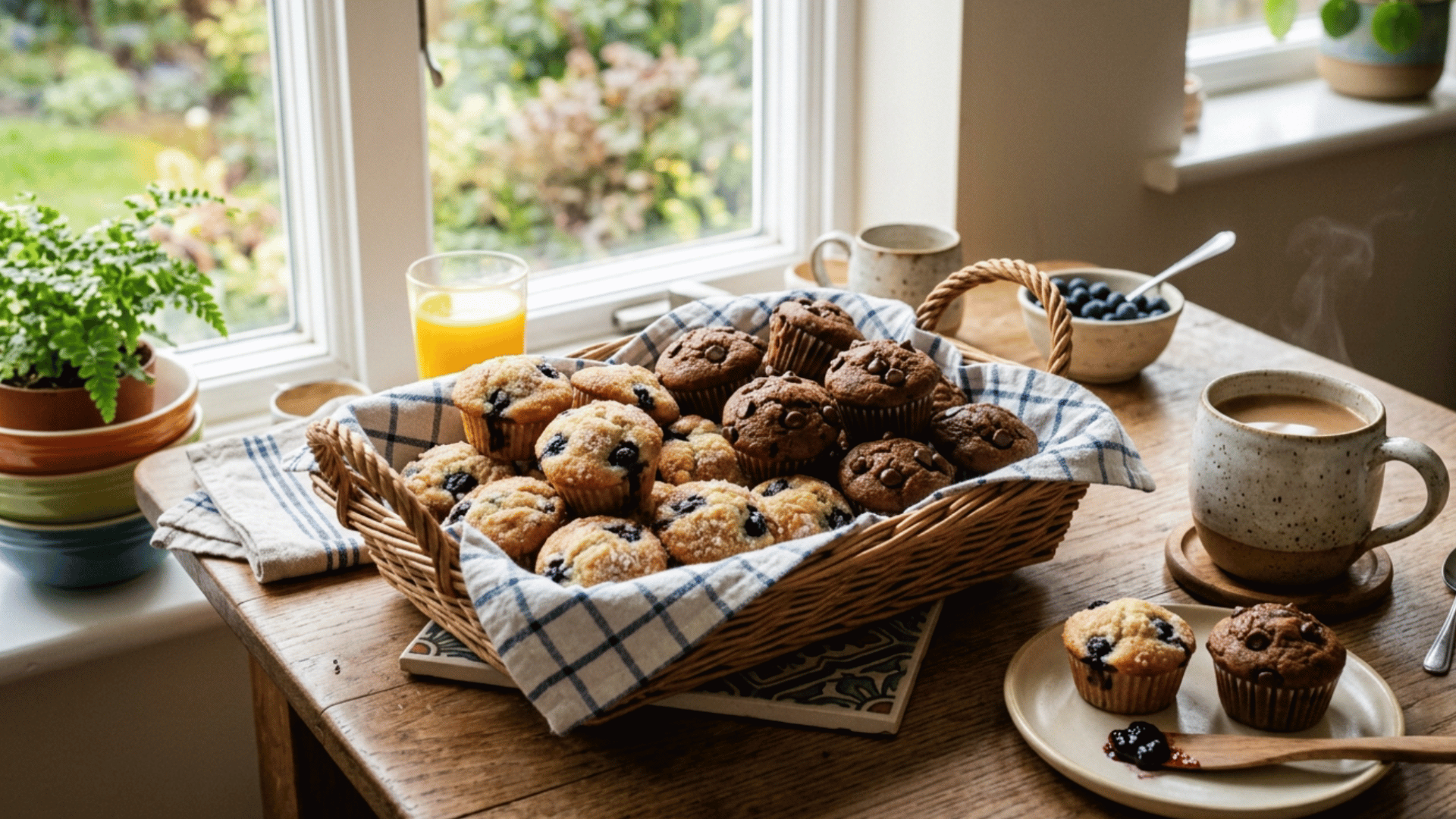 assorted mini muffins with blueberry, chocolate chip, and cinnamon flavors in a lined basket for brunch