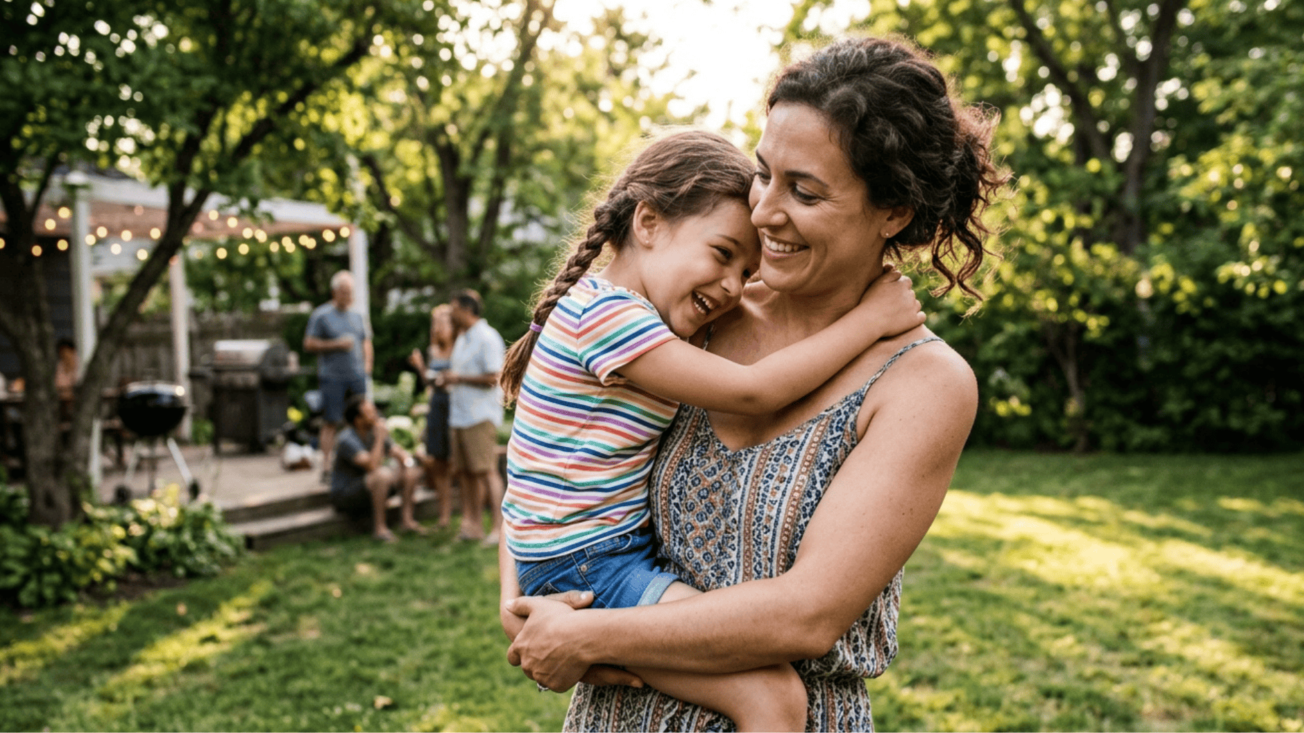 aunt hugging her young daughter in a sunny backyard gathering, capturing love, warmth, and joyful family bonding outdoors