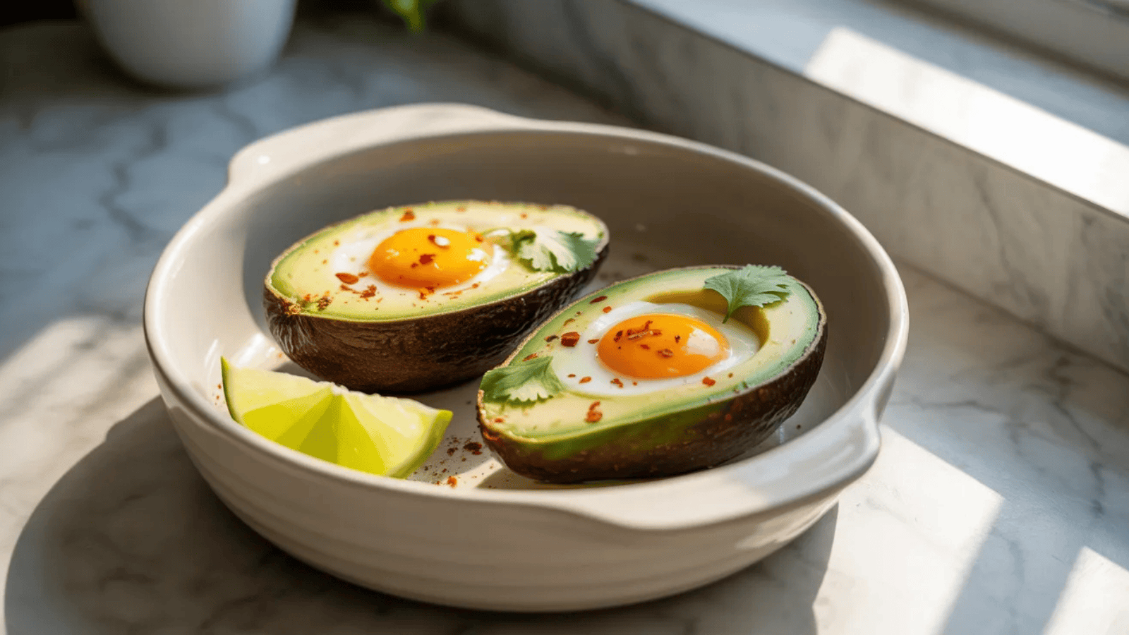 avocado halves in a small baking dish,,each with a baked egg nestled inside, yolk still soft and golden, chili flakes and fresh coriander on top
