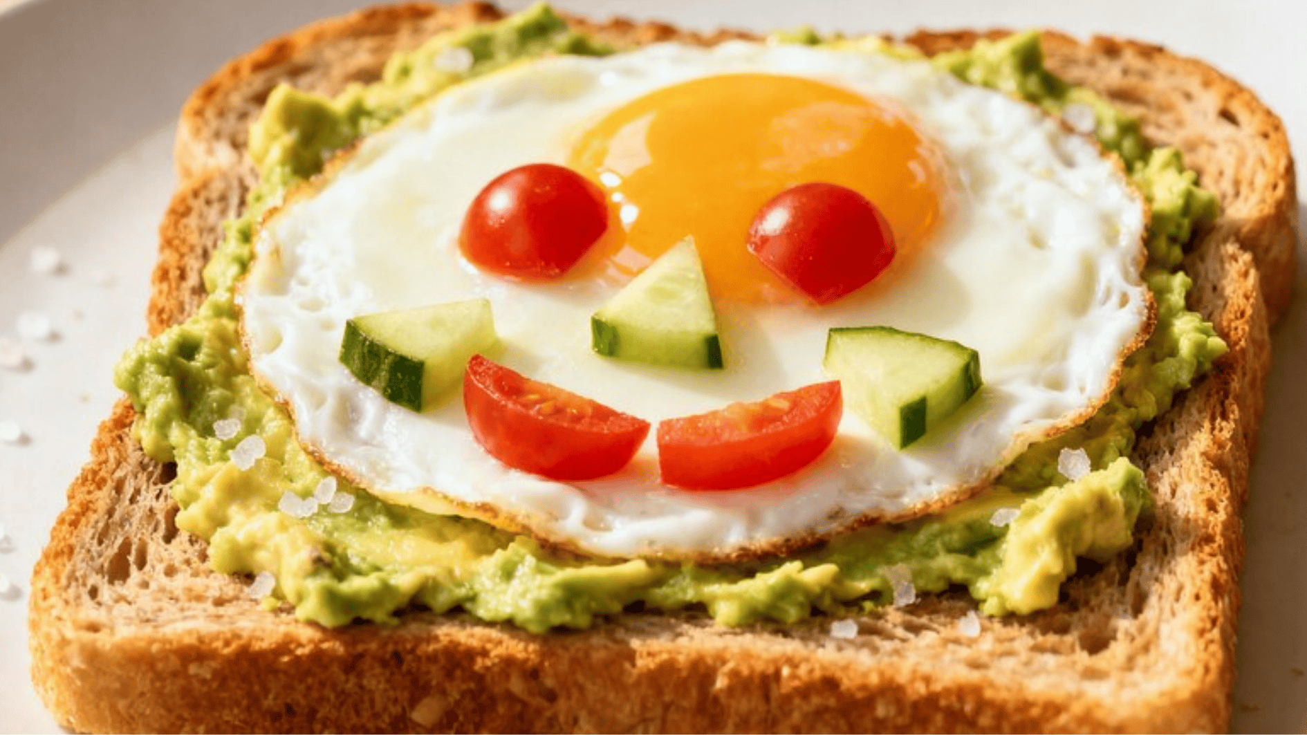 avocado toast topped with fried egg and vegetables arranged as a smiling face on whole grain bread