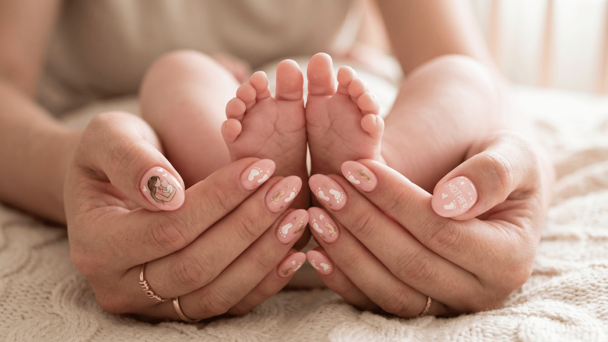 baby feet nail art on soft pink base symbolizing motherhood