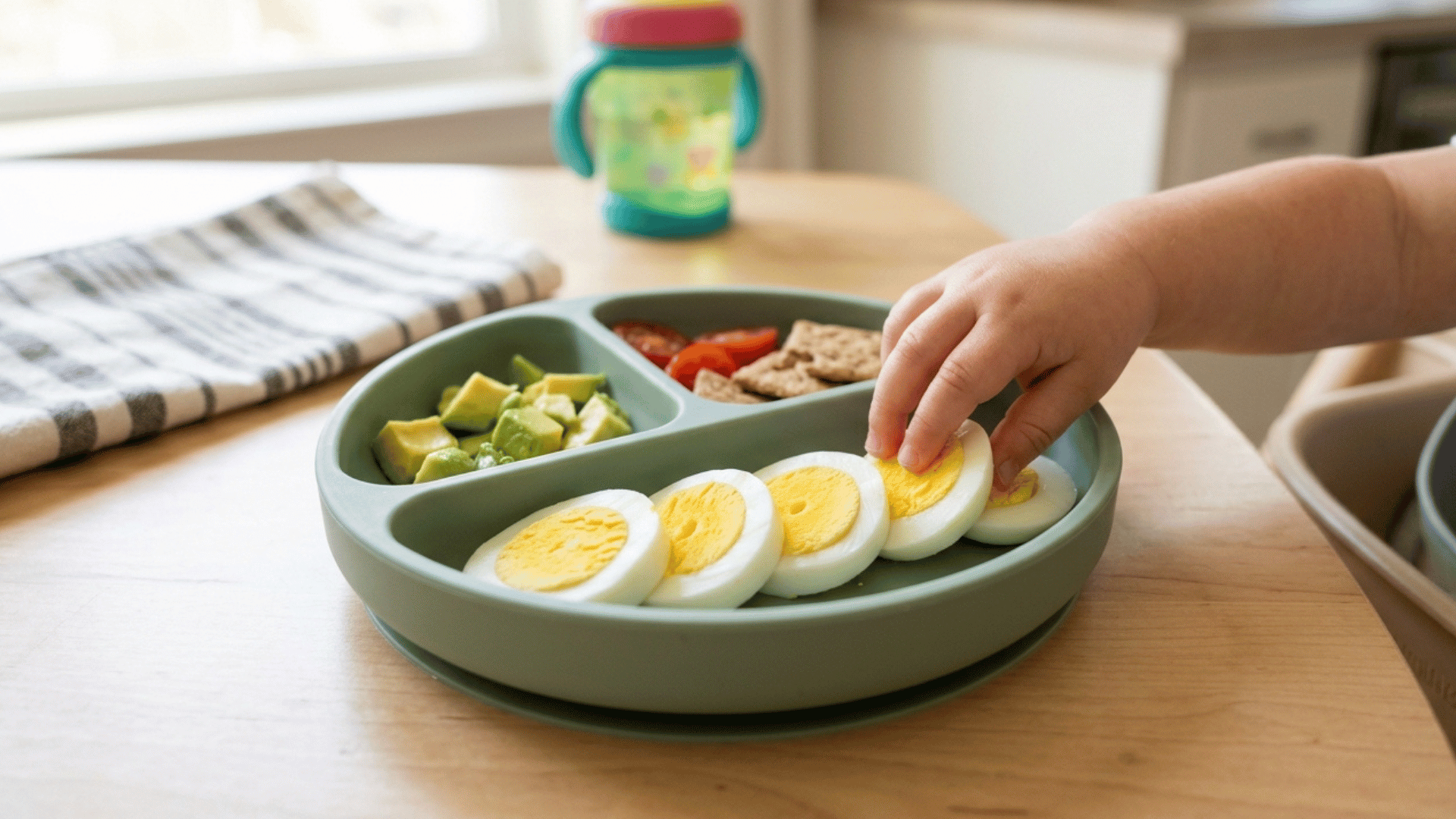 baby hand picking sliced boiled eggs from a divided plate.
