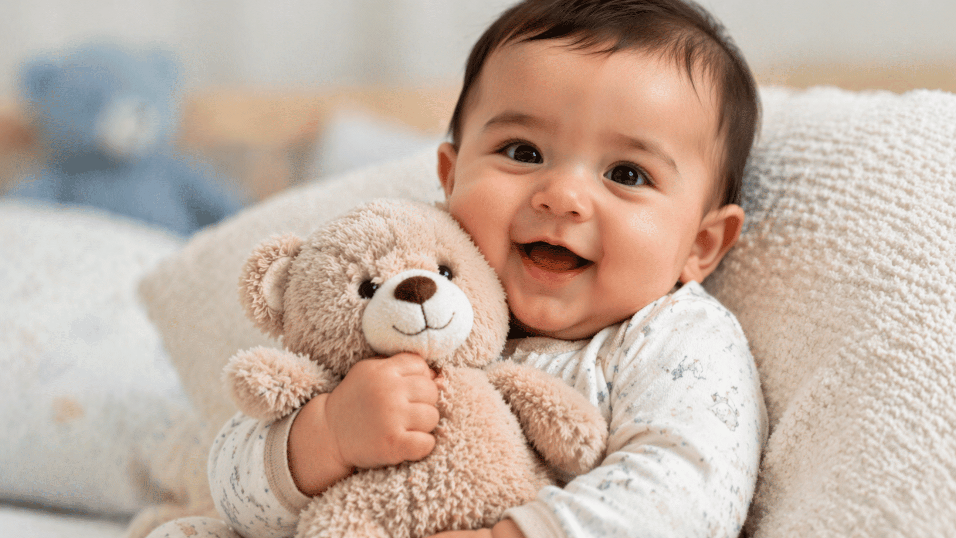 baby holding a soft toy tightly, showing strong grip, wearing pastel clothes in a cozy indoor setting